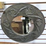 Circular mirror in Art Nouveau style embossed frame, 43cm diameter