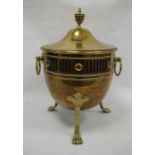 19th century brass coal bucket with domed top, pierced sides, brass feet
