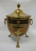 19th century brass coal bucket with domed top, pierced sides, brass feet
