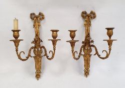 Pair of twin branch gilt metal sconces with ribbon and floral decoration (2)