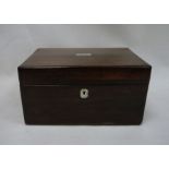 19th century rosewood jewellery box of rectangular form, fitted interior and secret drawer under