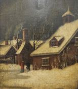 19th century school Oil on panel  Snowy landscape with figures, unsigned, 41cm x 35cm