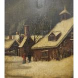 19th century school Oil on panel  Snowy landscape with figures, unsigned, 41cm x 35cm