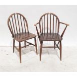 Set of six dark elm Ercol stick-back chairs (4+2), dark elm seats, beech backs and base (6)