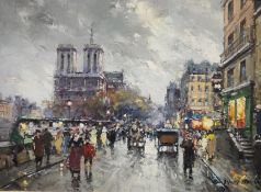Antoine Blanchard (1910-1988)  Oil on canvas Paris street scene with Notre Dame in stormy weather,