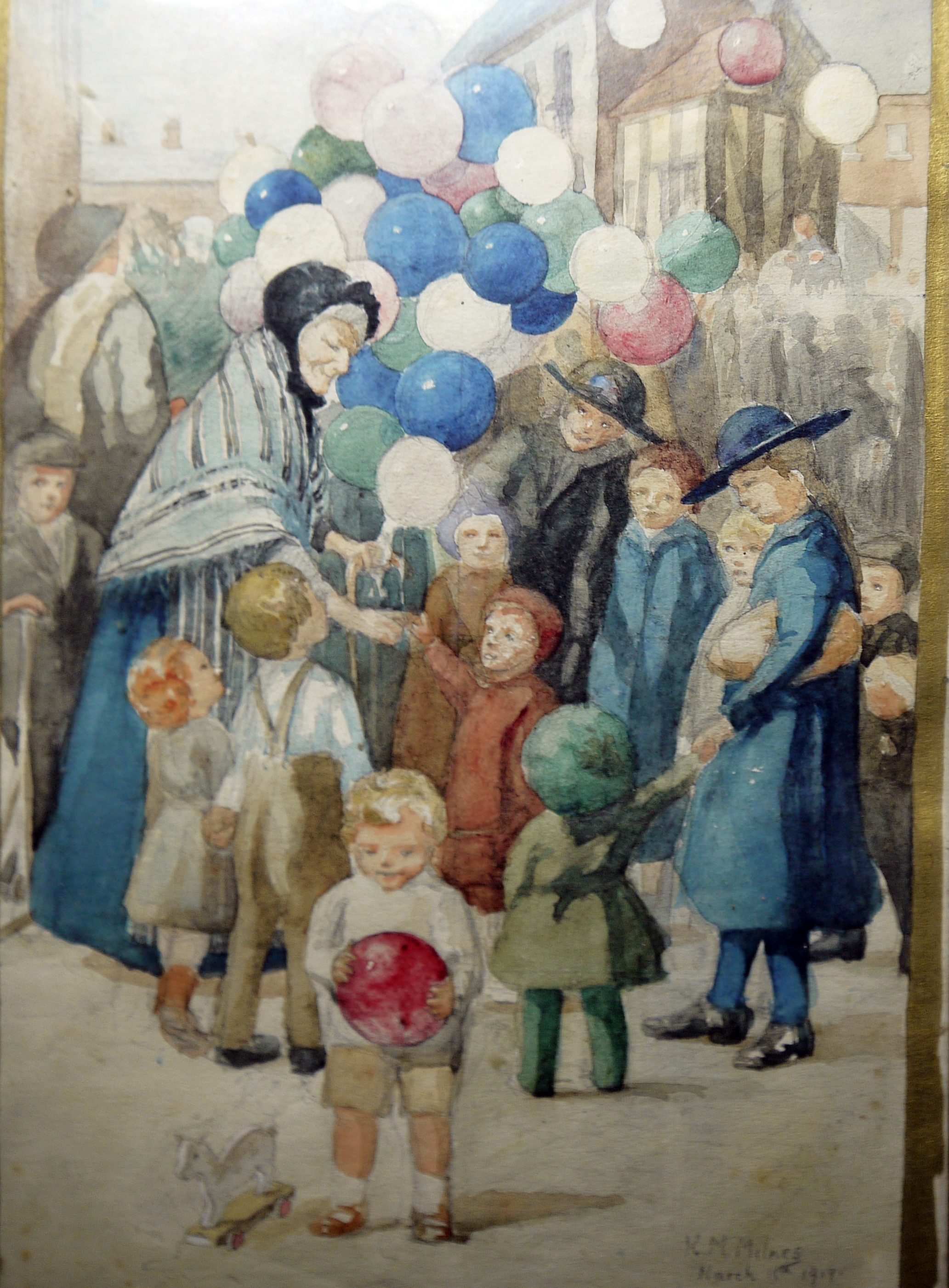 K M Milnes (early 20th century school) Watercolour  "The Balloon Lady", signed in pencil lower right