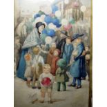 K M Milnes (early 20th century school) Watercolour  "The Balloon Lady", signed in pencil lower right