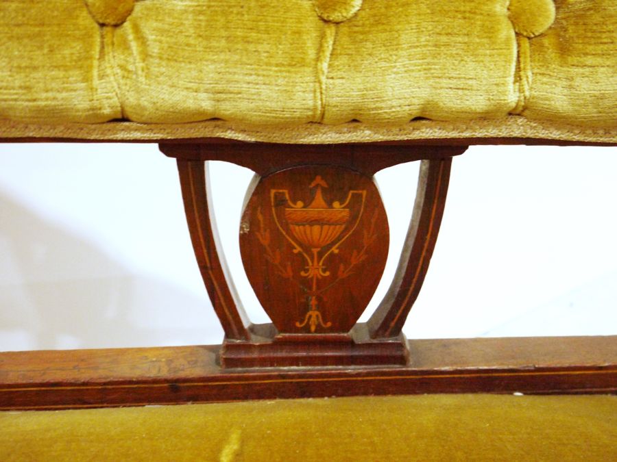 19th century mahogany-framed and inlaid settee with upholstered seat, back and arm rests, on - Image 2 of 2
