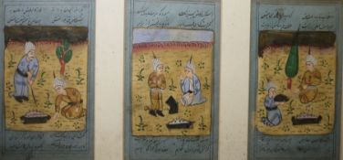 Persian school Set of three watercolours Cooking scenes (framed as one), with inscriptions, 16.5cm x