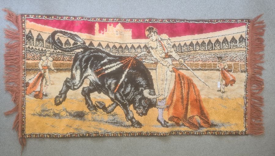 Modern cream ground runner, decorated in red, modern Spanish bull fighter textile, and a miniature - Image 2 of 3