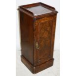 Late 19th century burr walnut pot cupboard with three-quarter galleried top above the moulded