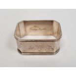 1930's rectangular silver napkin ring, initialled 'RMW', Birmingham 1933 and a 20th century silver-