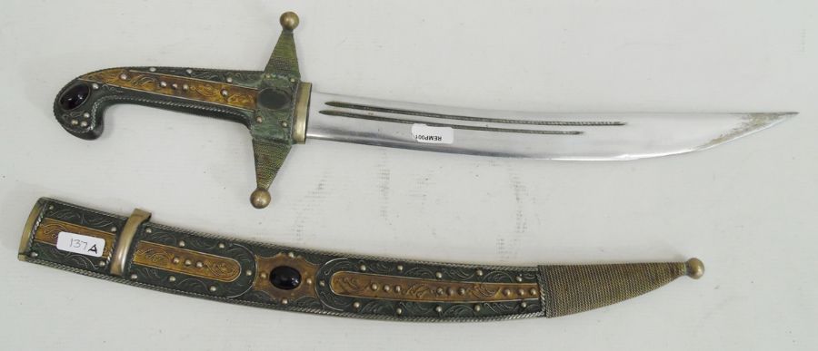 Eastern dagger with curved blade, the hilt, grip and sheath decorated with metal ropetwist and inset - Image 2 of 3