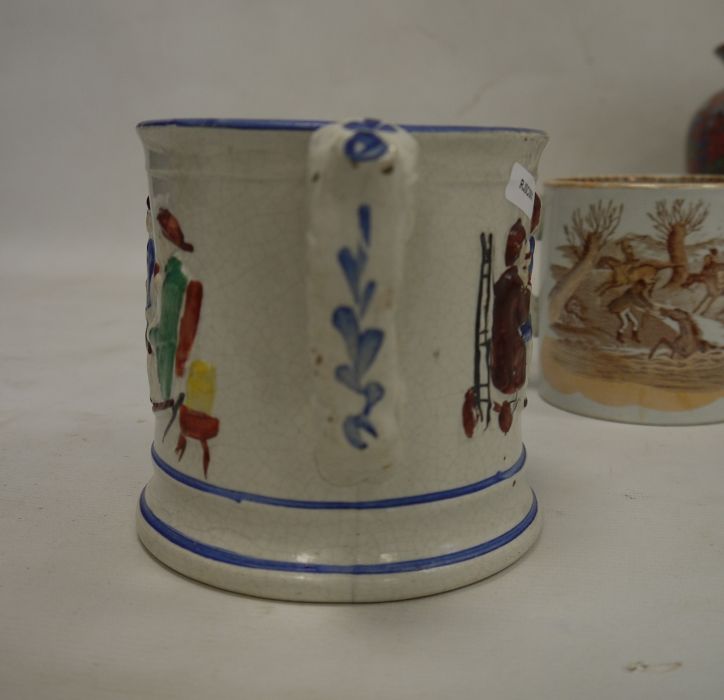 19th century Staffordshire 'Frog' tankard, a two-handled mug, E.M.& Co, two other mugs and a Cauldon - Image 4 of 9