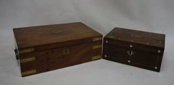 19th century rosewood and mother-of-pearl inlaid box and a mahogany and brass-bound writing slope (