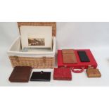 Wicker hamper, a red briefcase, quantity ephemera to include postcards and other items