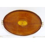 19th century mahogany and satinwood inlaid oval tea tray with two brass handles, 62cm wide