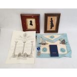 Two black and white silhouette portraits and quantity masonic regalia in case