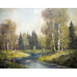 J. Fruhmesser (20th century) Oil on canvas Wooded river landscape, signed lower left, unframed, 51cm