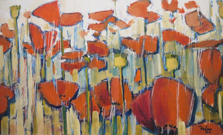 Attributed to Gato-Frias (b.1947) Oil on board Poppy field, signed lower right and dated 84, 35cm