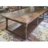 20th century rectangular oak coffee table on turned and block supports, shelved undertier, 47cm x