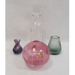 Orrefors decanter, square with rounded shoulders and three 20th century coloured glass vases (4)