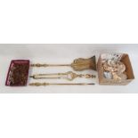 Set of three brass fireside implements with engraved baluster handles, quantity old keys and a box