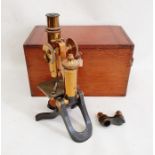 Henry Crouch, London, brass-finish and black metal monocular microscope, no.8938, in mahogany