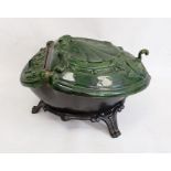 Cast iron and green enamel coal box with scallopshell moulded hinged lid, 48cm long