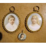 Pair of portrait miniatures on ivory, oval of boy in white collar and girl in pearl necklace, 7cm