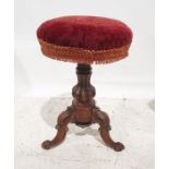Victorian piano stool, circular seat, on turned and carved column to cabriole legs