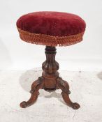 Victorian piano stool, circular seat, on turned and carved column to cabriole legs