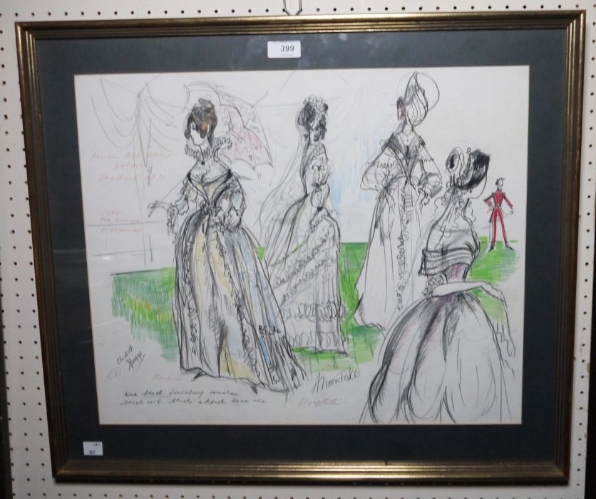 20th century school Charcoal and pastel study Theatre costume designs for Elizabeth Spriggs and - Image 2 of 2