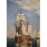 Late 19th/early 20th century school Oil on canvas Ship scene with rowing boats, indistinctly