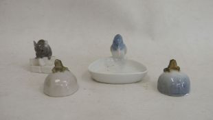 Royal Copenhagen mouse eating cheese, no.510, two Royal Copenhagen frogs, no.507 and similar