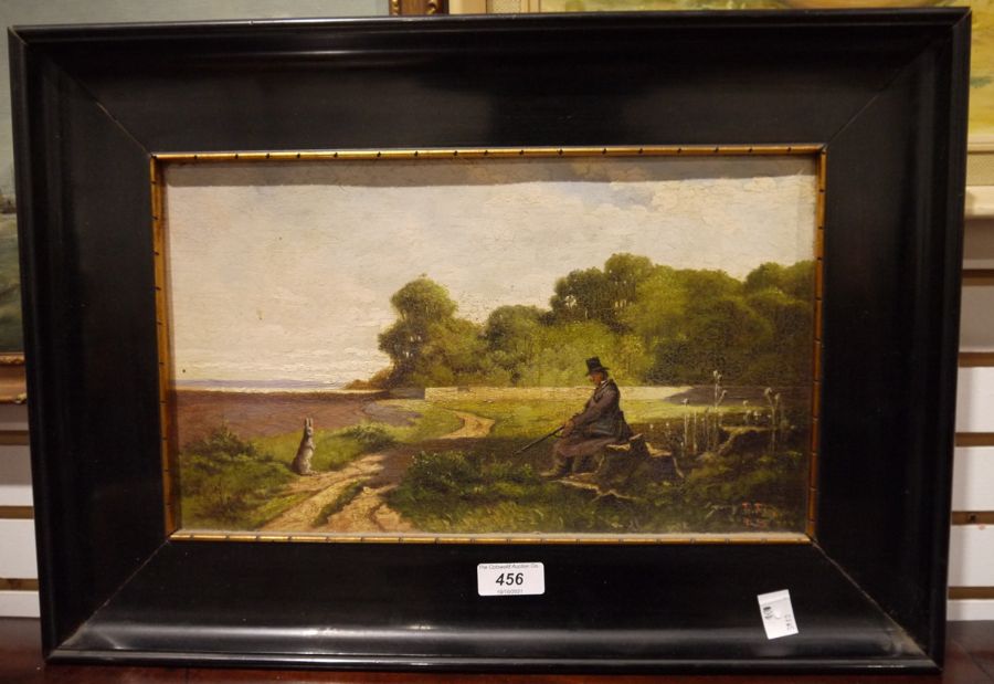 Early 20th century school Oil on board Figure with gun seated and facing hare, signed indistinctly - Image 2 of 6