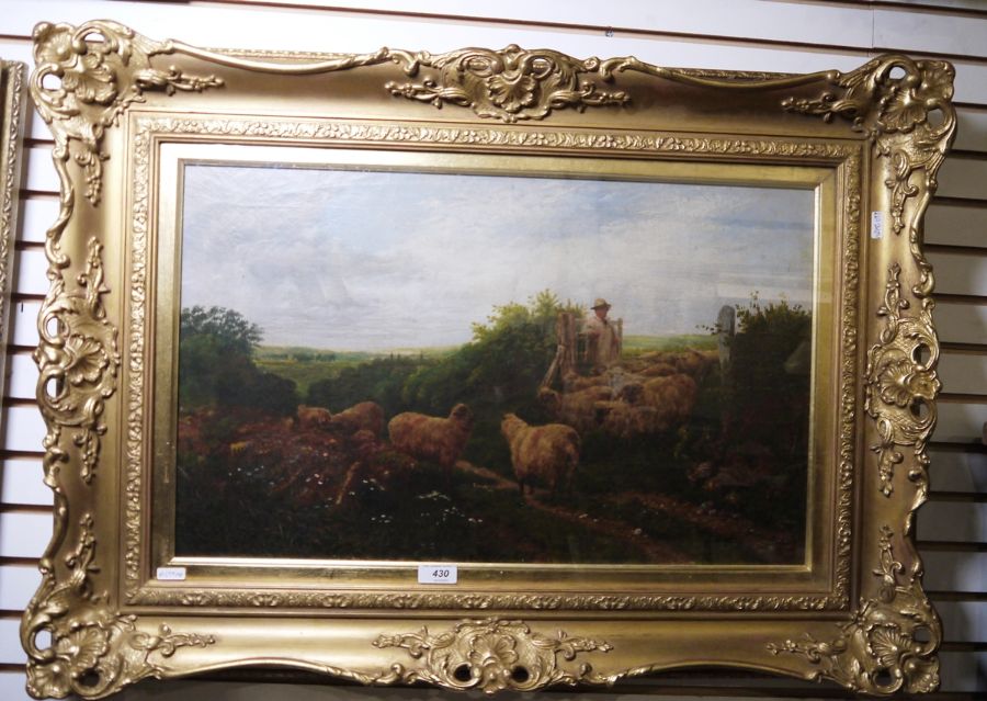 British school (19th century) Oil on canvas Shepherd boy with his flock on a country lane, 38cm x - Image 2 of 2