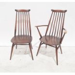 Set of five dark elm Ercol seated and beech framed stick-back chairs including two carvers (5)