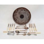 Circular tray and assorted flatware