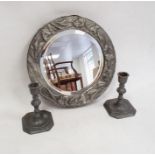 Arts & Crafts style hammered pewter framed mirror decorated with convolvulus flowers and pair pewter