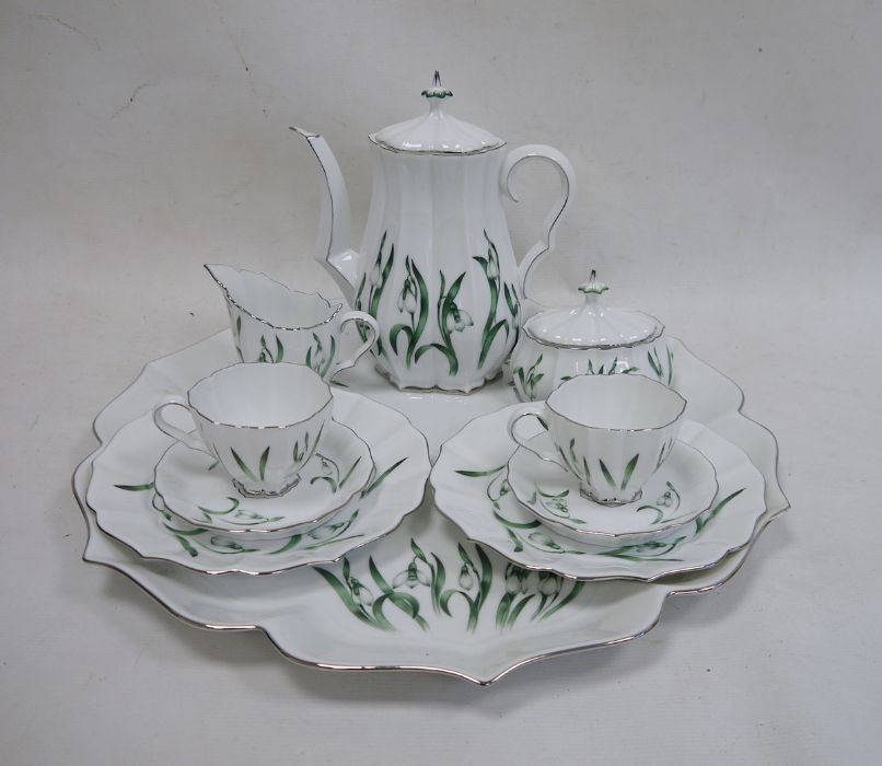 Herend cabaret set 'Snowdrop' pattern to include tray with serpentine edge, coffee pot, cream jug,