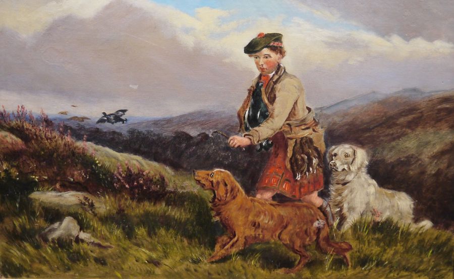 Early 20th century school Oil on board Highland scene with boy and dogs, unsigned, 32cm x 50cm