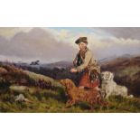 Early 20th century school Oil on board Highland scene with boy and dogs, unsigned, 32cm x 50cm
