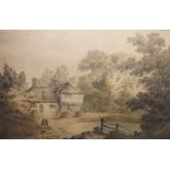 19th century school in the manner of the Reverend James Bourne Watercolour  Figures before a cottage