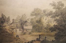 19th century school in the manner of the Reverend James Bourne Watercolour  Figures before a cottage