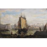 British school (19th century) Oil on canvas Sailing ship off a rocky shoreline with castle and