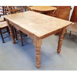 20th century pine rectangular dining table on turned and block supports, top 137cm x 80cm