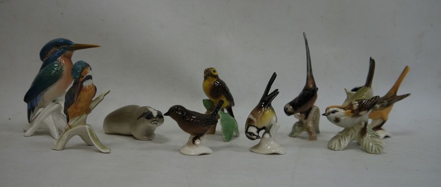 Goebel china kingfisher, USSR badger and seven other various bird models (9)