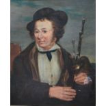 19th century school Oil on board Half-length portrait of a gentleman with a bagpipe, unsigned,