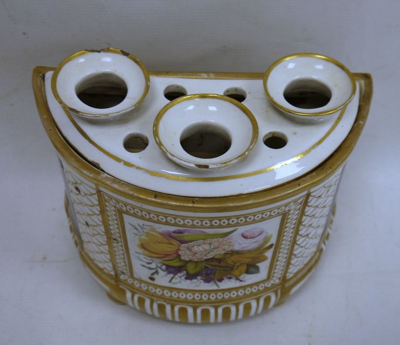 Early 19th century porcelain bough pot, floral panel decorated flanked by blue panels, gilt - Image 2 of 4